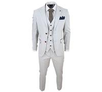Mens Grey Stone 3 Piece Tweed Check Suit Wedding Prom Tailored Fit Brown Trim - Cream 46