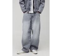 Mens Grey Super Baggy Washed Embroidered Dart Jeans, Grey 34R