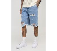 Mens Grey Tall Distressed Drawcord Relaxed Fit Denim Shorts, Grey 30