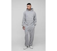 Mens Grey Tall Oversized Boxy Acid Wash Applique Hooded Tracksuit, Grey L