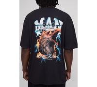 Mens Grey Tall Oversized Extended Neck Acid Wash Man Eagle Print T-Shirt, Grey XL