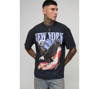 Mens Grey Tall Oversized Official New York Eagle Washed Print T-Shirt, Grey M