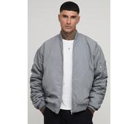 Mens Grey Tall Oversized Peached Embroidered MA1 Bomber Jacket, Grey L