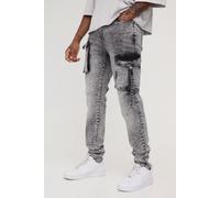 Mens Grey Tall Skinny Multi Pocket Strap Detail Cargo Jeans, Grey 34