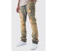 Mens Grey Tall Slim Flare Rigid Multi Rip & Repair Jeans, Grey 30