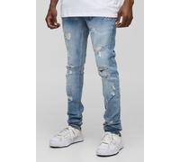 Mens Grey Tall Stacked Skinny Extreme Rip Embroidered Jeans, Grey 32