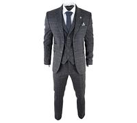 Mens Grey Tweed 3 Piece Suit Blue Check Vintage 1920s Gatsby Blinders Tailored Fit - Grey 38