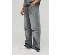 Mens Grey Wide Leg Ripped Knee Jeans With Let Down Hem, Grey 36R
