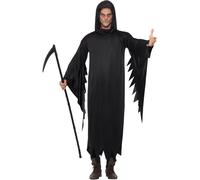 Mens Grim Reaper Costume Black Hooded Robe Halloween Fancy Dress Outfit