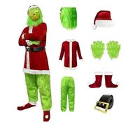 Men's Grinch Christmas Costume Cosplay Christmas Costume Set, 7-Piece Green Monster Costume, Santa Outfit, Christmas Suit with Mask, L-XL