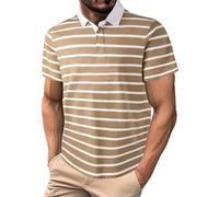 Mens Gym T Shirt Short Sleeve Activewear Blouse Men's Casual Fashion Loose Lapel Striped Short Sleeved T Shirt for Indoor Outdoor Sports Daily Life (Khaki, XL)