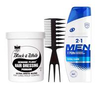 Men's Hair Care Set with Black & White Pluko Pomade 200ml, Anti-Dandruff 2-in-1 Shampoo 250ml & Styling Comb - Long Hold Grooming Kit for Clean Scalp & Slick Styles