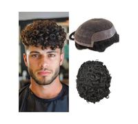 Mens Hair Toupee for Men 25mm Curly Human Hair French Lace Top with PU Perimeter Male Hair Prosthesis Daily wigs(6x8)