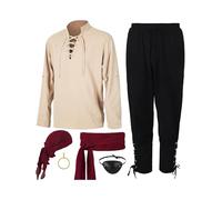 Mens Halloween 6 Pcs Renaissance Costume Set Medieval Pirate Viking Costume Accessories Set Pirate Cosplay Outfits (A-Beige, M)