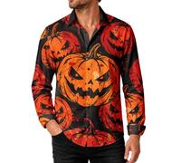 Men's Halloween Button Down Shirt, Pumpkin Ghost Long Sleeve Print | Playful bat, spider web and haunted-house artwork for Halloween parties, fancy dress events, pub nights and autumn wear.