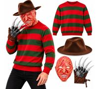 Mens Halloween Freddy Costume 4 Pcs Set Striped Jumper Mask Hat Glove Party | Nightmare character styling theatrical roleplay scary performance horror theme party event photography spooky transformations