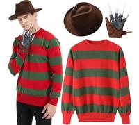 Mens Halloween Freddy Costume, Explorer Hat With Glove Claw & Red/Green Jumper Unisex Halloween On Elm Street Fancy Dress Costume Outfit, Full Set(S)