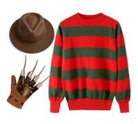 Mens Halloween Freddy Costume, Explorer Hat With Glove Claw & Red/Green Jumper Unisex Halloween On Elm Street Fancy Dress Costume Outfit, Full Set (XL)