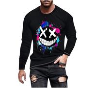 Men's Halloween Graffiti Shirts Long Sleeve Crewneck X-Eye-Face Dripping Paint T-Shirts Casual Slim Fit Graphic Funny Tees Black
