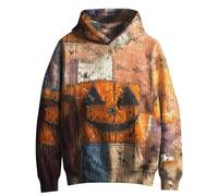 Men's Halloween Hoodie with Pumpkin Face Print - Scary Hoodie in Distressed Look | Scary Sweatshirt with 3D Knitted Texture, style_j06 orange, L