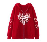 Mens Halloween Hoodies Sweatshirts Gothic Heart-Shaped Spider Web Printed Hoodie Zipper Up Vintage Fall Winter Fashion Loose Cardigan JacketFleece Casual Y2K Hooded Sweatshirt with Pockets