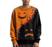 Men's Halloween Knitted Jumper with Spooky Pumpkin & Bat Pattern, Warm Autumn Crew Neck Pullover Sweater for Casual Wear & Halloween Party