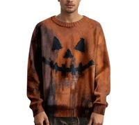 Men's Halloween Knitted Jumper with Spooky Pumpkin & Bat Pattern, Warm Autumn Crew Neck Pullover Sweater for Casual Wear & Halloween Party