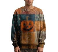 Men's Halloween Knitted Jumper with Spooky Pumpkin & Bat Pattern, Warm Autumn Crew Neck Pullover Sweater for Casual Wear & Halloween Party