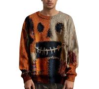 Men's Halloween Knitted Jumper with Spooky Pumpkin & Bat Pattern, Warm Autumn Crew Neck Pullover Sweater for Casual Wear & Halloween Party