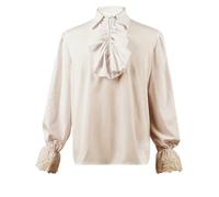 Mens Halloween Medieval Renaissance Costume Long Sleeve Ruffles Vampire Poet Tops Gothic Steampunk Lace Cuffs Street Casaul Shirt (A-Khaki, 2XL)