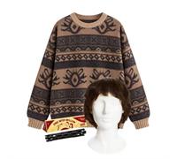 Mens Halloween Obsessed Boyfriend Fancy Dress Costume Set Jumper Wig | Brown patterned jumper, short brown wig and One Wish Willow novelty prop | Complete Couples Halloween Look