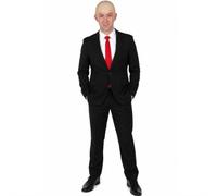 Mens Halloween Secret Agent Costume Black Suit Tie Bald Cap