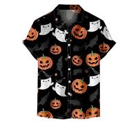 Mens Halloween Shirt Pumpkin Printed Funky Hawaiian Shirt Short Sleeve Comfort Breathable Tropical Beach Vacation Clothes (Black,L)