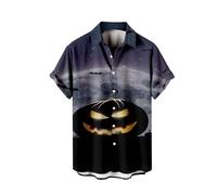 Mens Halloween Shirt Pumpkin Printed Funky Hawaiian Shirt Short Sleeve Comfort Breathable Tropical Beach Vacation Clothes, Z01-Grey, 4XL