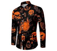 Men's Halloween Shirts Retro Rose Flower Skull Regular Fit Button Down Horror Themed Hawaiian Casual Jack-O-Lantern Ugly Pumpkin Print Masquerade Parties Costume Orange