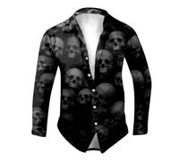 Men's Halloween Shirts Retro Rose Flower Skull Regular Fit Button Down Horror Themed Hawaiian Tropical Beach Vacation Pumpkin Printed Shirt Workout Gym Sport Running Grey
