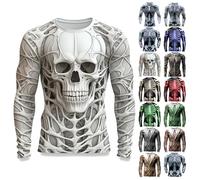 Mens Halloween Skeleton Shirts Crew Neck Long Sleeve 3D Print Graphic T Shirt Novelty Holiday Party Costumes Funny Pullover, A01-White, XXL