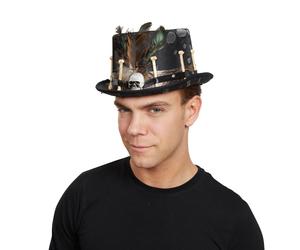 Mens Halloween Skull Bones Voodoo Style Black Top Hat Fancy Dress Magic Accessor