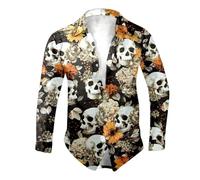 Mens Halloween Skull Print Shirts Long Sleeve Button-Up Celebration Tops Spread Collar Funny Novelty Festive Shirt Casual Holiday Party Clothing for UK Adults Orange