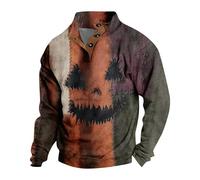 Mens Halloween Sweaters, Spooky Pumpkin Patch Face Patchwork Henley Sweatshirts,Vintage Distressed Holiday Clothes (#03-saffron,X-Large)