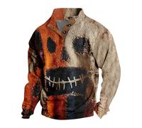 Mens Halloween Sweaters, Spooky Pumpkin Patch Face Patchwork Henley Sweatshirts,Vintage Distressed Holiday Clothes (#02-yellow,X-Large)