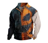 Mens Halloween Sweaters, Spooky Pumpkin Patch Face Patchwork Henley Sweatshirts,Vintage Distressed Holiday Clothes (#04-yellow,X-Large)