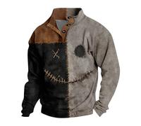 Mens Halloween Sweaters, Spooky Pumpkin Patch Face Patchwork Henley Sweatshirts,Vintage Distressed Holiday Clothes (#07-khaki,X-Large)