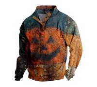 Mens Halloween Sweaters, Spooky Pumpkin Patch Face Patchwork Henley Sweatshirts,Vintage Distressed Holiday Clothes (#05-yellow,X-Large)