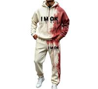 Men's Halloween Sweatshirt Set Blood Print Tracksuit Set Half Zip Hooded Sweatshirt and Jogger Pants Waffle Knit Horror Costume Outfit for Halloween Party Cosplay and Themed Events