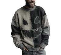 Mens Halloween Sweatshirts 2025 Spooky Pumpkin Face Patchwork Sweater Retro Stitched Pullover Long Sleeve Holiday Costumes, Black, S
