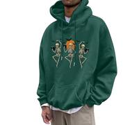 Mens Halloween Sweatshirts Bat Print Long Sleeve Retro Contrast Hoodie Button Drawstring Skull Casual Stylish Pullover Fleece Warm Hooded Outdoor Activity Wear Dark Green