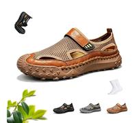 Men's Handmade Leather Orthopedic Comfy Breathable Mesh Shoes, Lightweight Hollow-Out Slip-On Casual Closed Toe Sandals(Brown,12 UK)