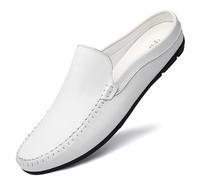 Mens Handmade Leather Slip-On Mules Comfortable Soft Backless Slippers Summer Casual Walking Driving Sandals Half Loafers (White,6)