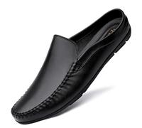 Mens Handmade Leather Slip-On Mules Comfortable Soft Backless Slippers Summer Casual Walking Driving Sandals Half Loafers (Black,5.5)
